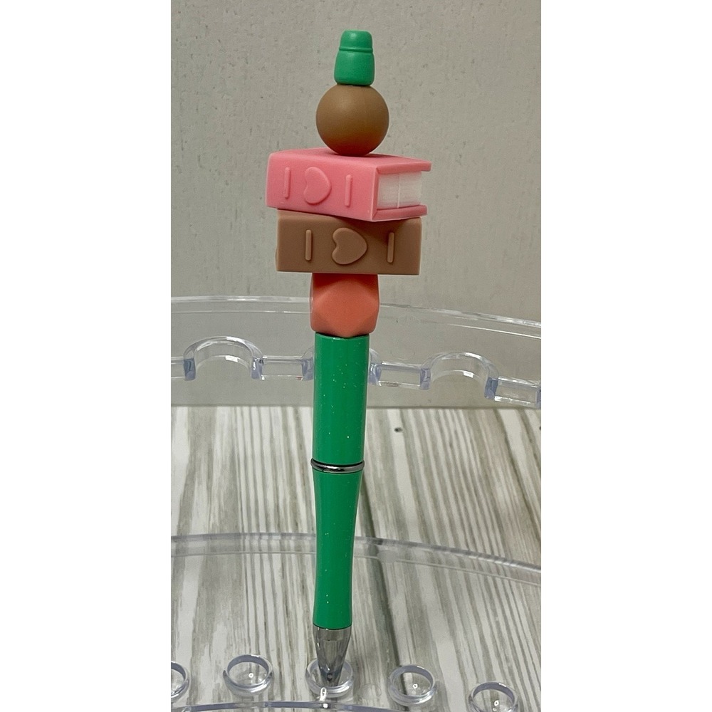 Pink and Tan Books Beaded Pen With Black Ink